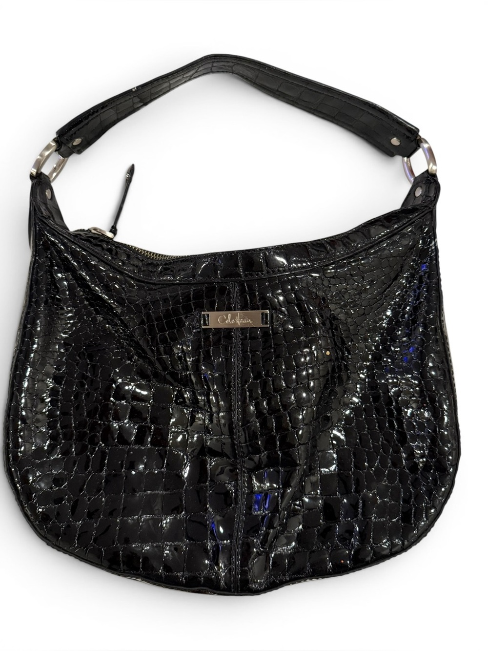 Beautiful Cole Haan Black Patent Leather Crocodile Embossed Hobo Shoulder Bag